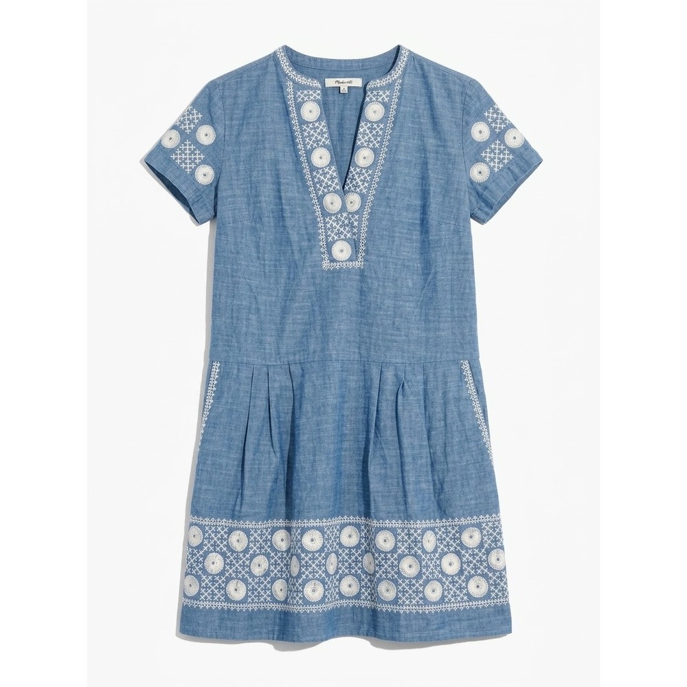Madewell Sunstitch Tunic Dress Womens XS Blue White Embroidered Chambray Boho